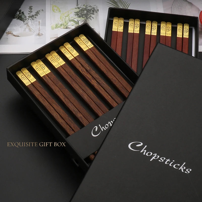 Wenge Wood Gold Tip Chopsticks, Non-slip Unpainted Gift Box Set, Premium Chinese Tableware for Home Wedding, Quality Guaranteed
