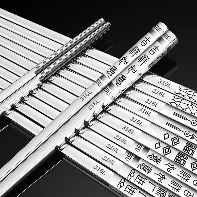 5 Pair Reusable 316 Stainless Steel Chopsticks Metal Dishwasher Safe Chop Sticks Non-slip Chopstick for Cooking Eating Tableware