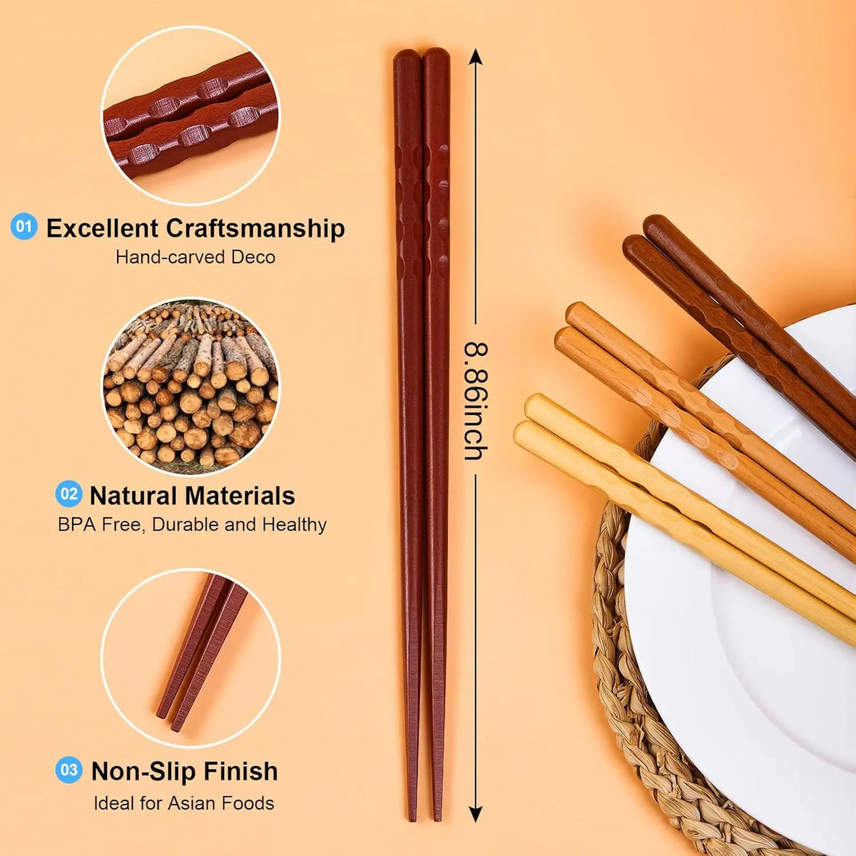 5 Pairs Japanese Minimalist Reusable Chopsticks, 8.8 Inch Natural Wood Set for Sushi Noodles Rice