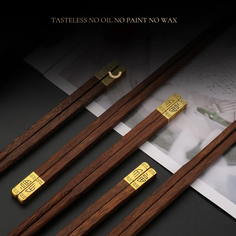 Wenge Wood Gold Tip Chopsticks, Non-slip Unpainted Gift Box Set, Premium Chinese Tableware for Home Wedding, Quality Guaranteed