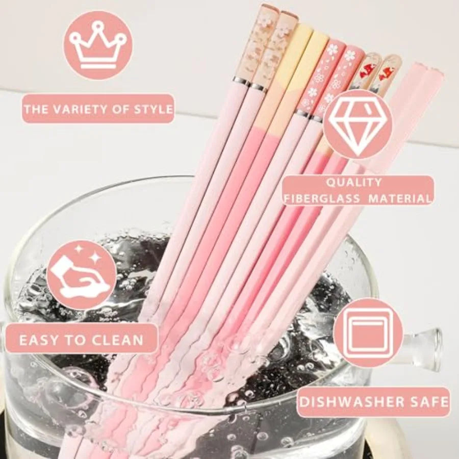 Reusable dishwasher-safe chopsticks for Asian cuisine, fiberglass, pink, non-slip lightweight, 9.57 inch, 5-pair gift set