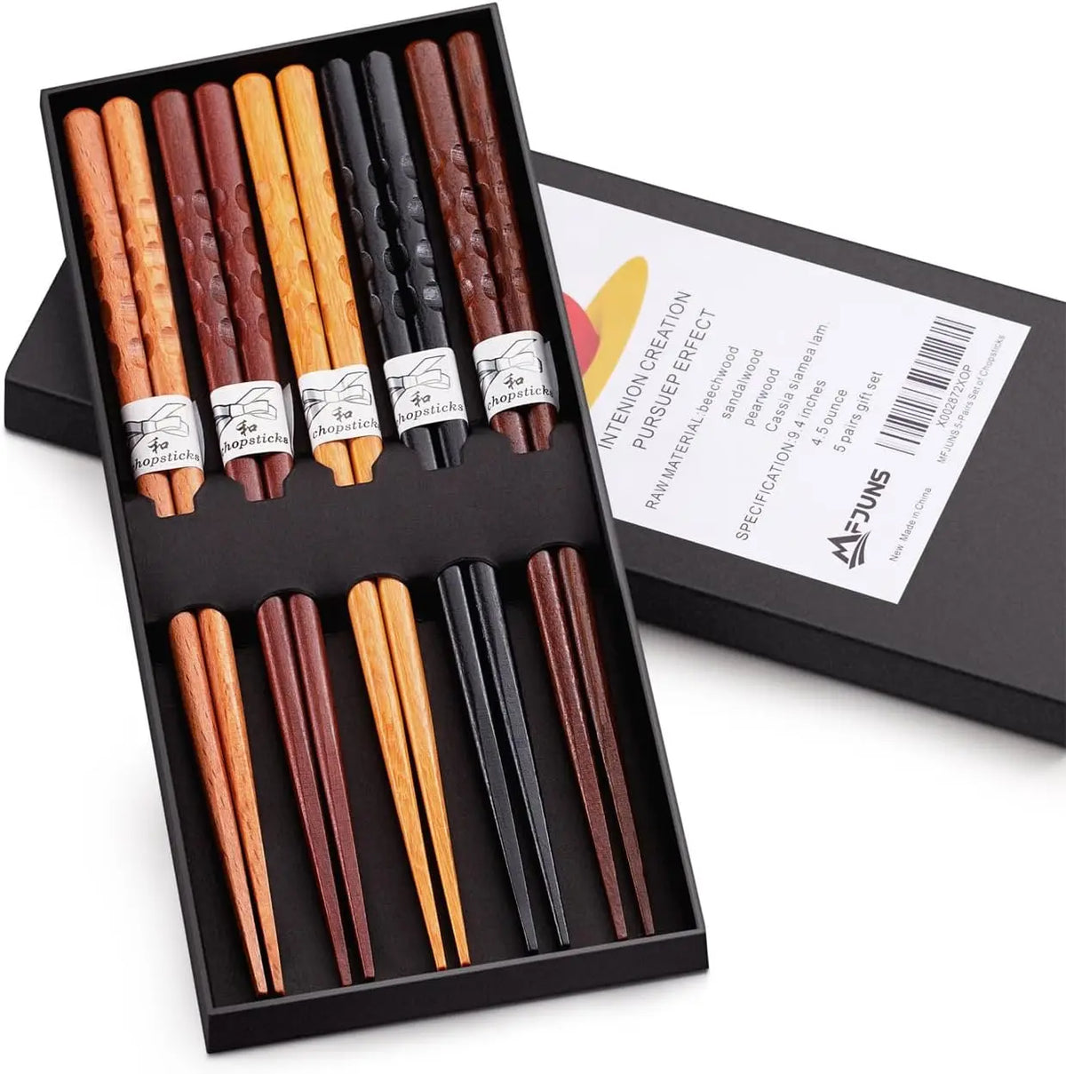 5 Pairs Japanese Minimalist Reusable Chopsticks, 8.8 Inch Natural Wood Set for Sushi Noodles Rice