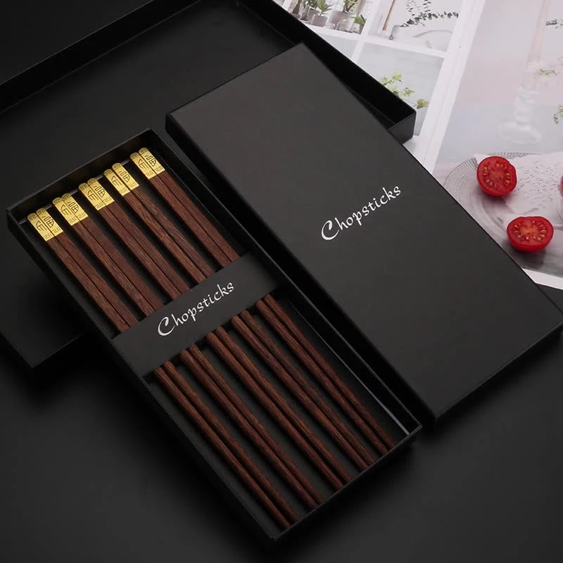 Wenge Wood Gold Tip Chopsticks, Non-slip Unpainted Gift Box Set, Premium Chinese Tableware for Home Wedding, Quality Guaranteed