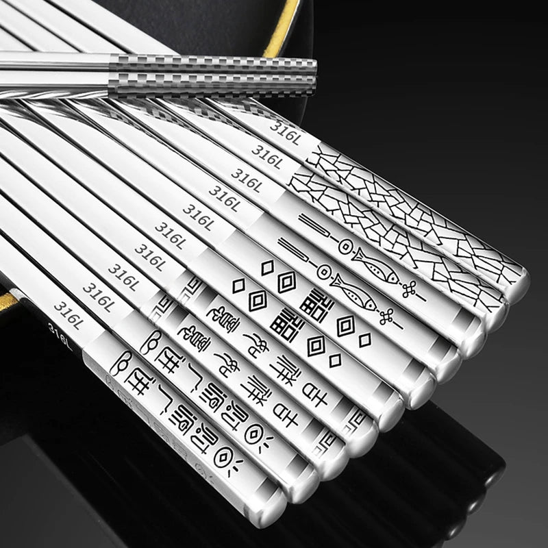 5 Pair Reusable 316 Stainless Steel Chopsticks Metal Dishwasher Safe Chop Sticks Non-slip Chopstick for Cooking Eating Tableware