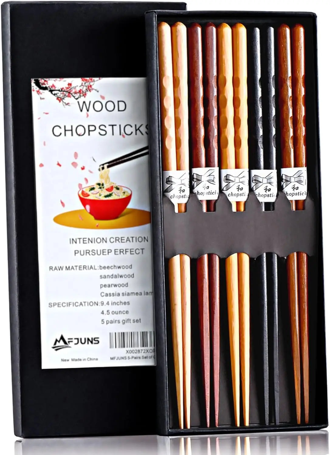 5 Pairs Japanese Minimalist Reusable Chopsticks, 8.8 Inch Natural Wood Set for Sushi Noodles Rice