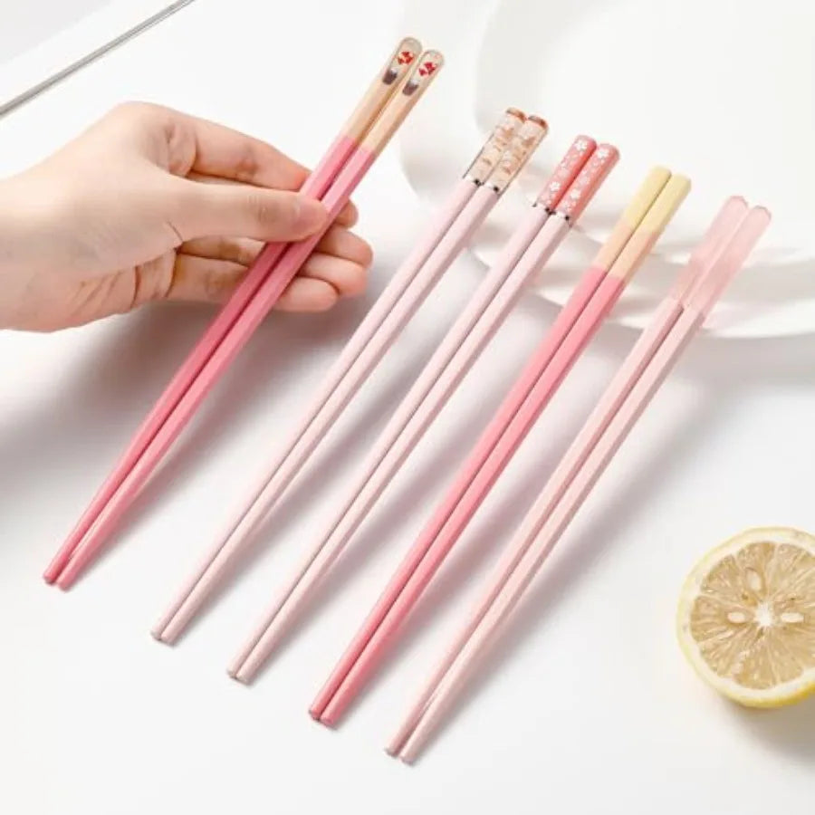 Reusable dishwasher-safe chopsticks for Asian cuisine, fiberglass, pink, non-slip lightweight, 9.57 inch, 5-pair gift set